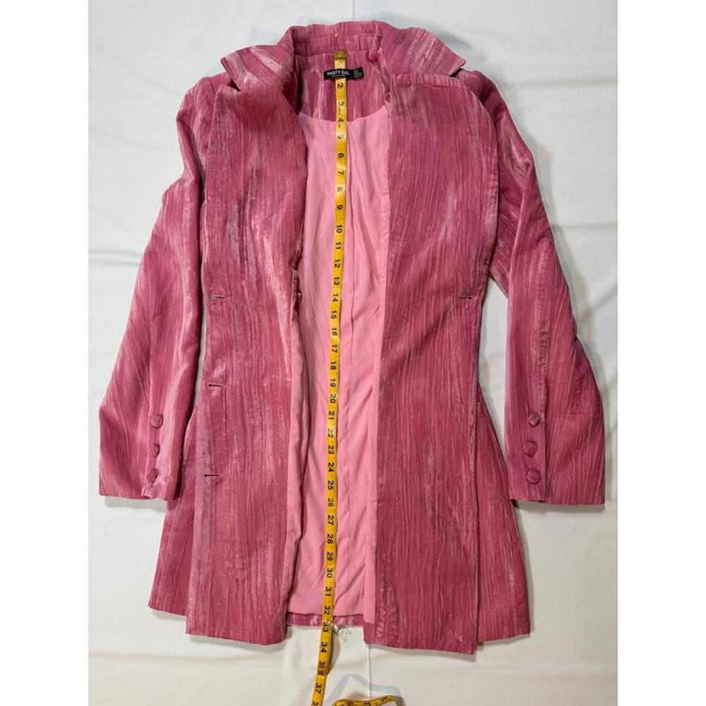 Nasty Gal Pink Crushed Velvet Blazer US 4 |Tailored Fit Longline Double Breasted - Picture 7 of 9